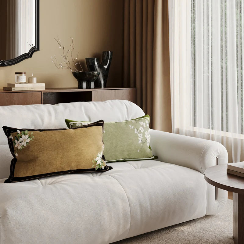 Lumbar Pillow Cover Linen-Blend Velvet Trim Fade-Resistant Print