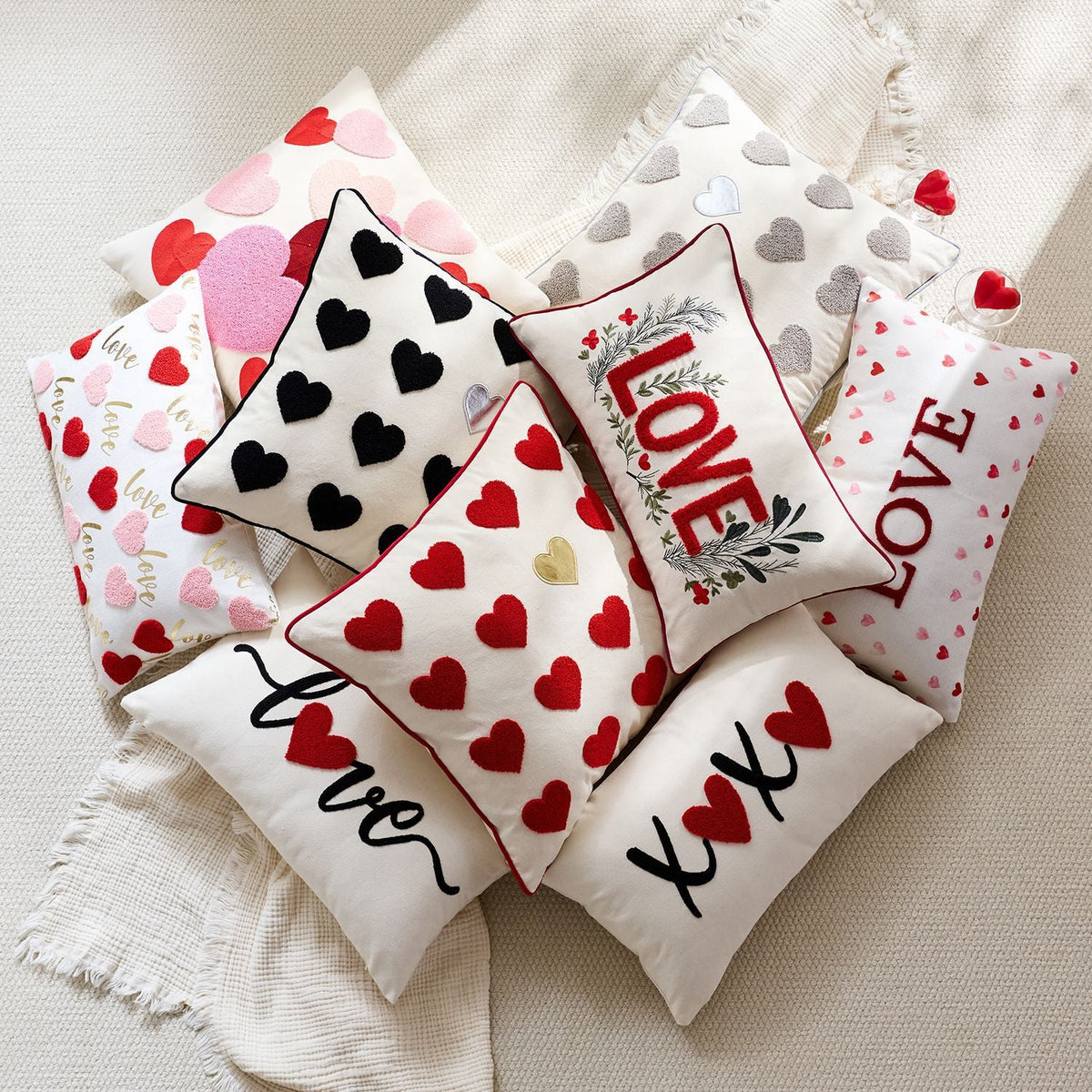 Lumbar Pillow Cover Linen-Look Embroidered Script & Tufted Heart
