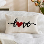 Lumbar Pillow Cover Linen-Look Embroidered Script & Tufted Heart