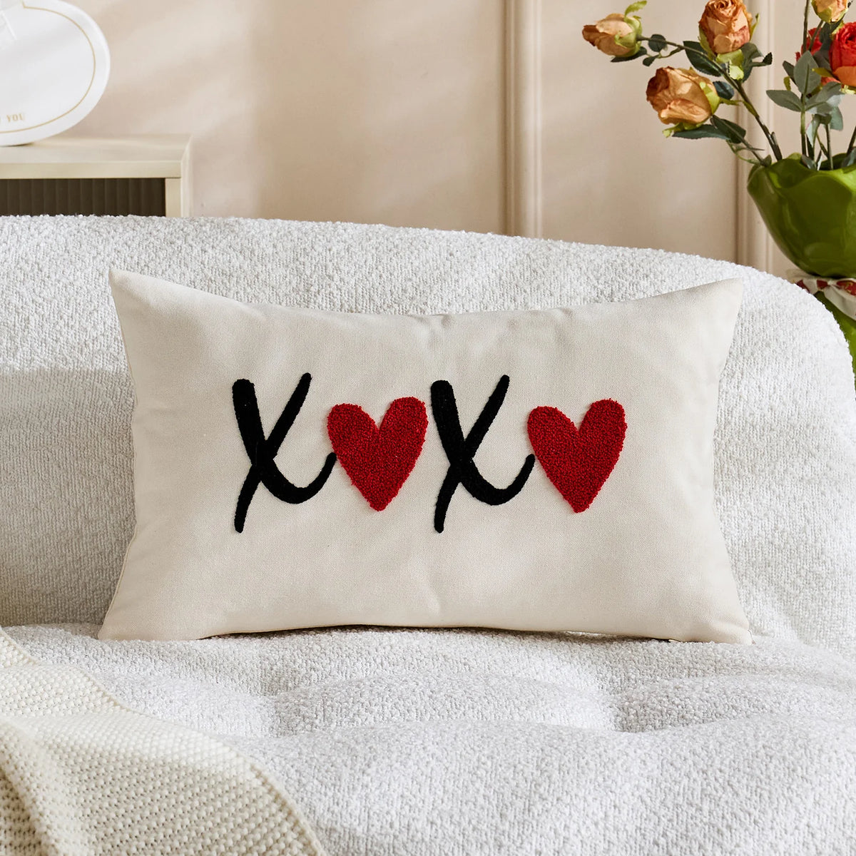 Lumbar Pillow Cover Linen-Look Embroidered Script & Tufted Heart