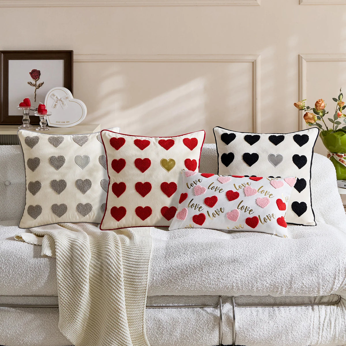 Lumbar Pillow Cover Linen-Look Embroidered Script & Tufted Heart