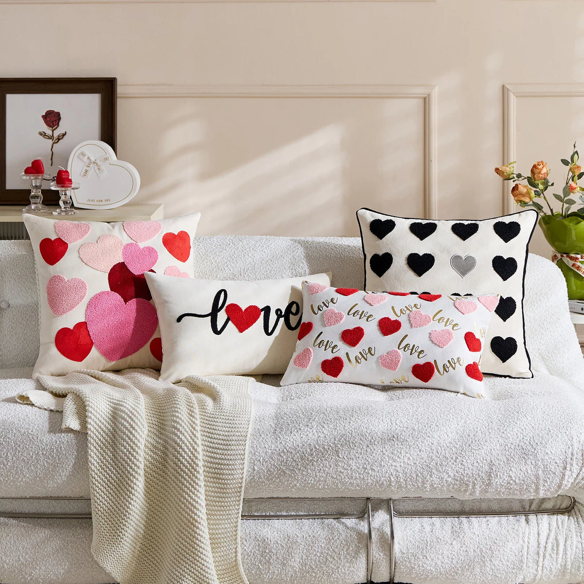Lumbar Pillow Cover Linen-Look Embroidered Script & Tufted Heart
