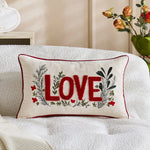 Lumbar Pillow Cover Linen-Look Embroidered Script & Tufted Heart
