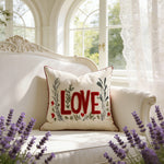 Lumbar Pillow Cover Linen-Look Embroidered Script & Tufted Heart