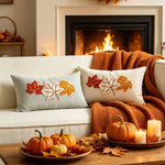 Lumbar Pillow Cover Linen-Texture Fabric & Chenille Leaf Applique