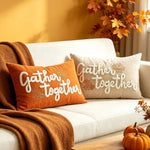 Lumbar Pillow Cover Linen-Texture Fabric & Chenille Leaf Applique