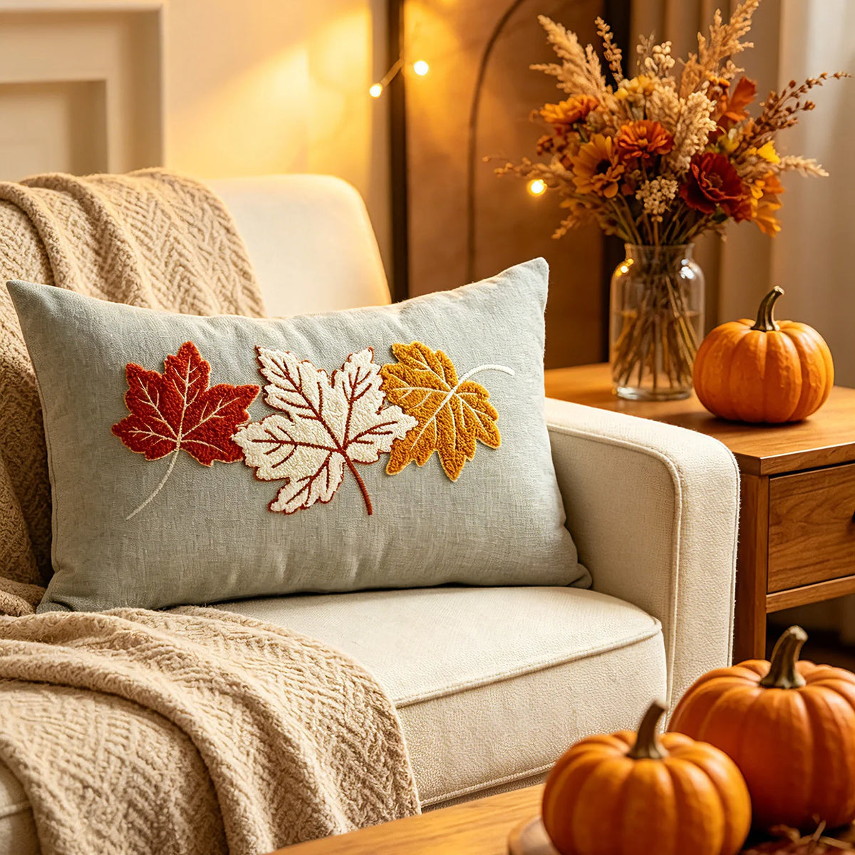 Lumbar Pillow Cover Linen-Texture Fabric & Chenille Leaf Applique