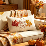 Lumbar Pillow Cover Linen-Texture Fabric & Chenille Leaf Applique