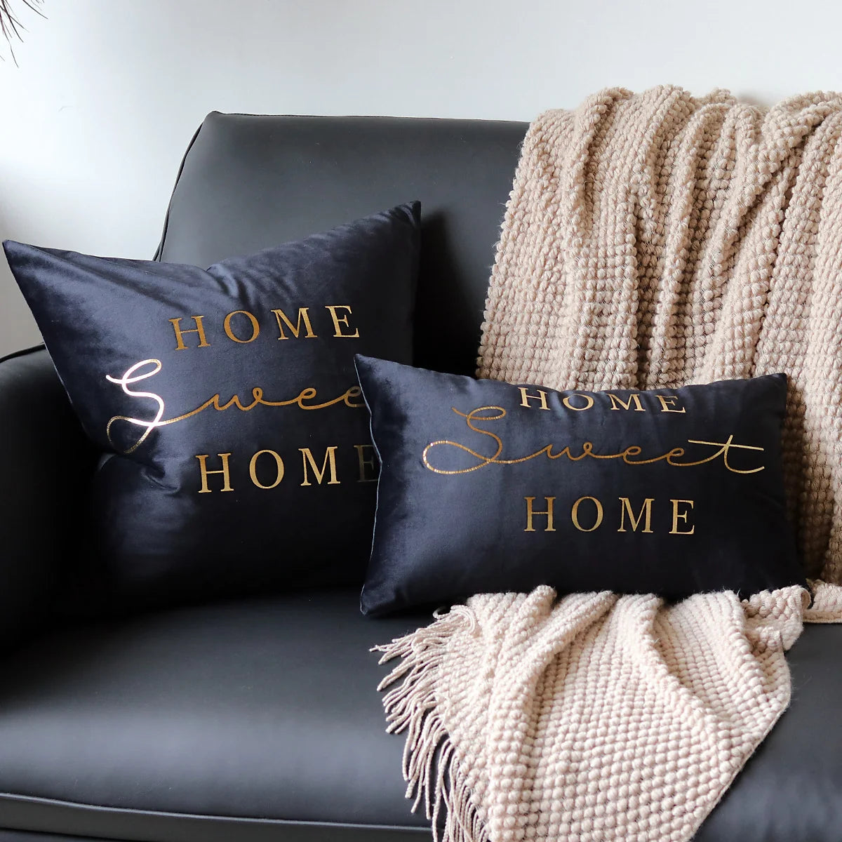 Lumbar Pillow Cover Plush Velvet Metallic Script Hidden Zipper