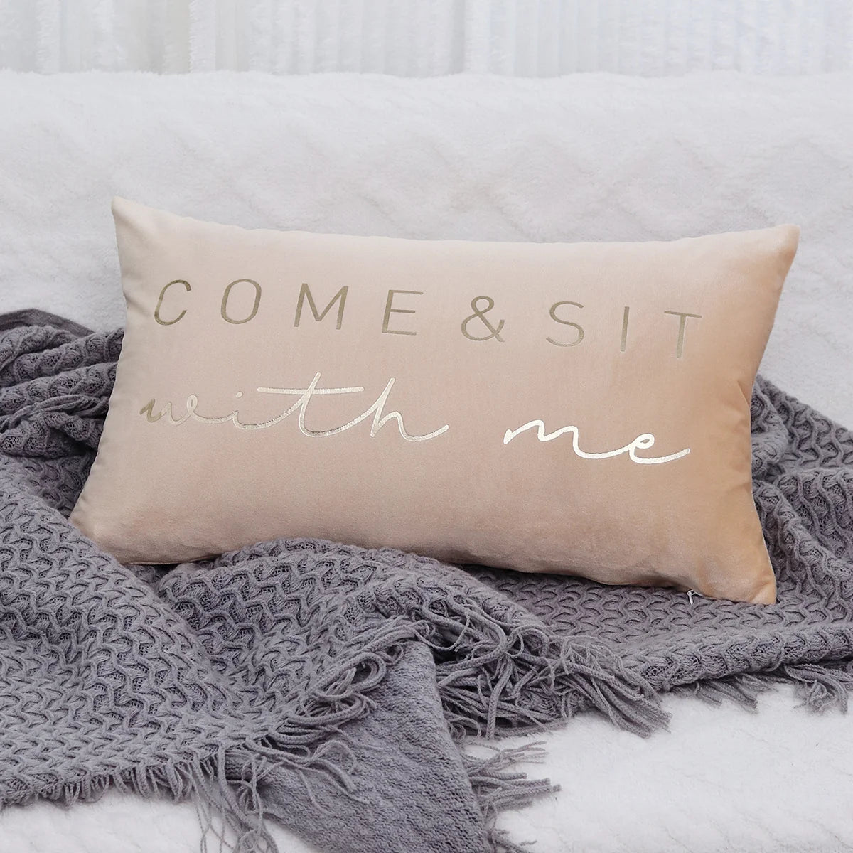 Lumbar Pillow Cover Soft-Touch Fabric Metallic Script Embroidery