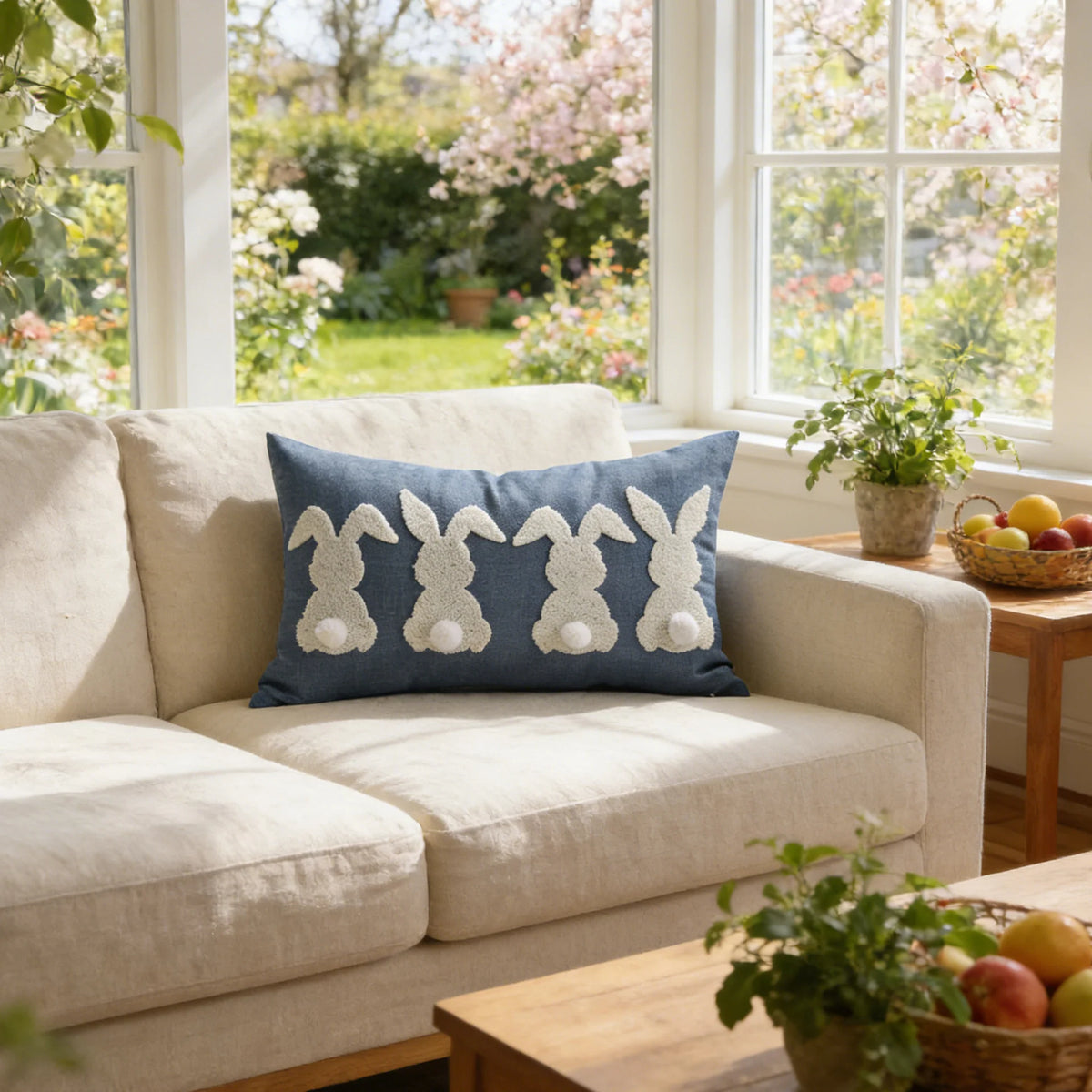 Lumbar Pillow Cover Tufted Bunny Applique Hidden Zipper