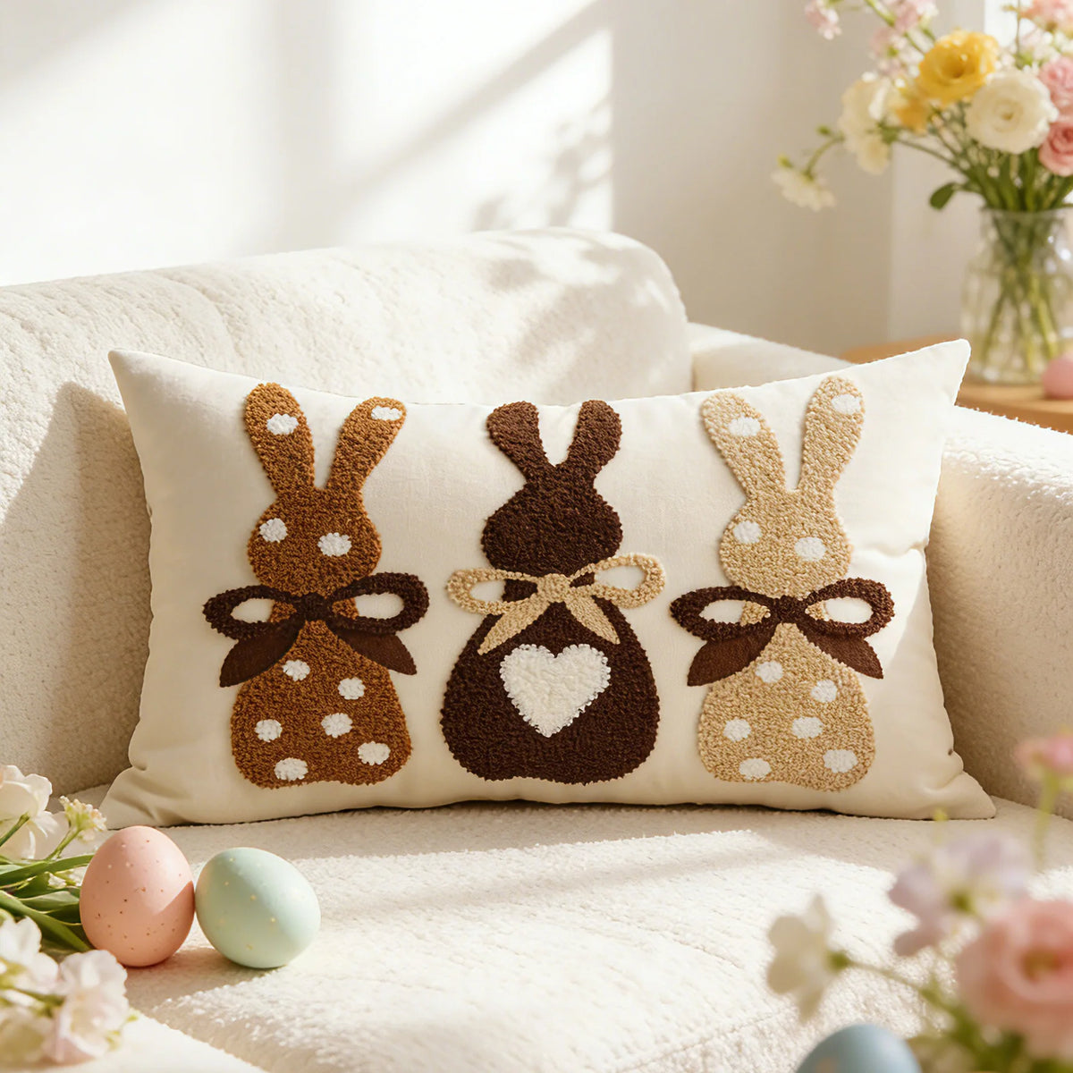 Lumbar Pillow Cover Tufted Bunny Applique Hidden Zipper