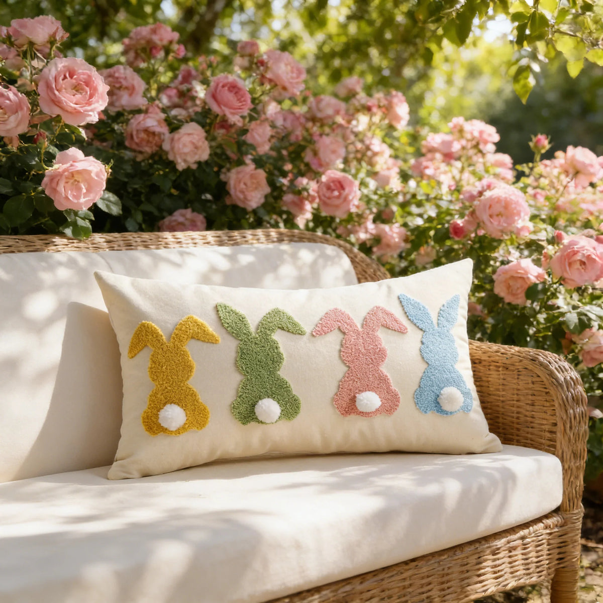 Lumbar Pillow Cover Tufted Bunny Applique Hidden Zipper
