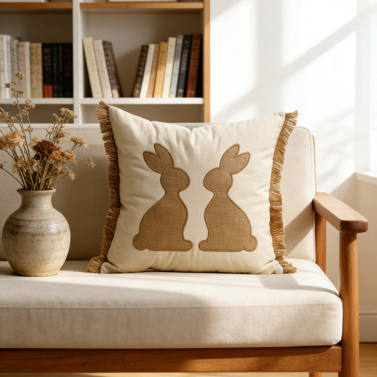 Lumbar Pillow Cover Tufted Bunny Applique Hidden Zipper