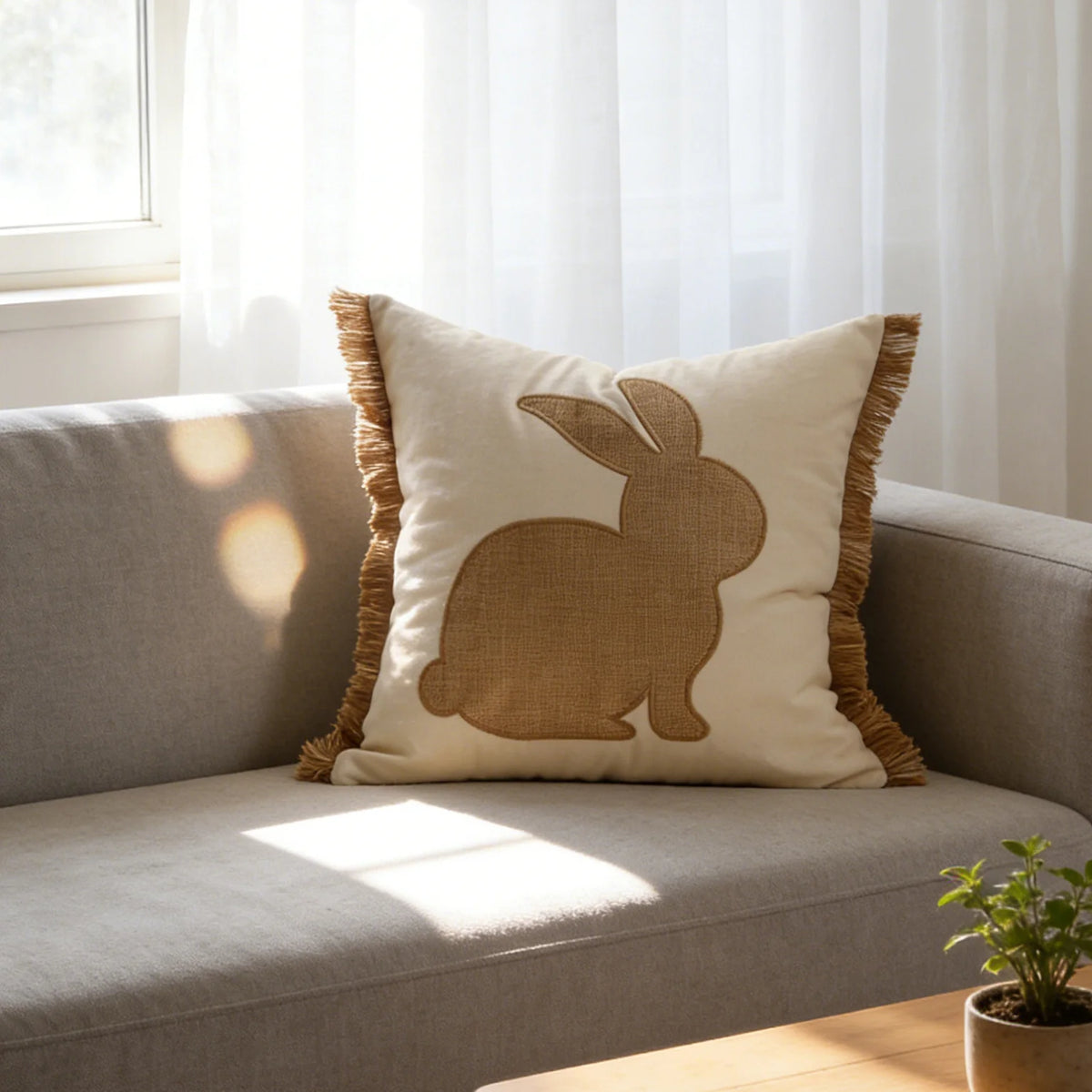 Lumbar Pillow Cover Tufted Bunny Applique Hidden Zipper