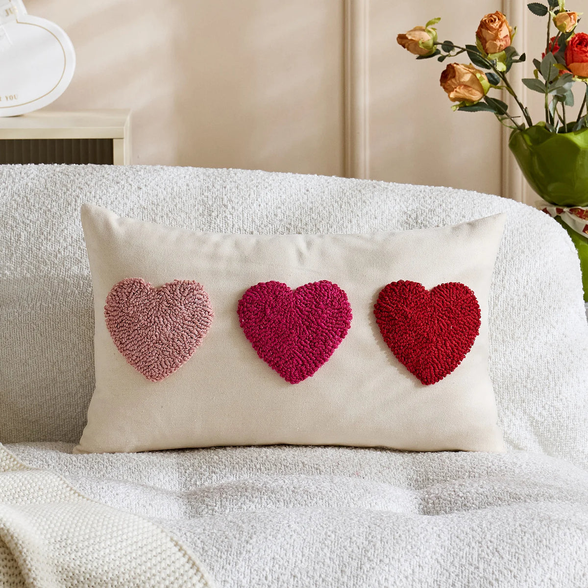 Lumbar Pillow Cover Tufted Heart Design Cotton-Linen Hidden Zipper