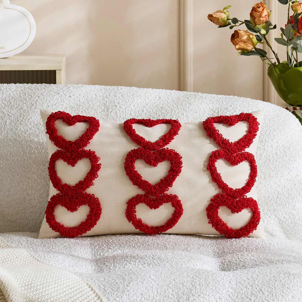 Lumbar Pillow Cover Tufted Heart Design Cotton-Linen Hidden Zipper