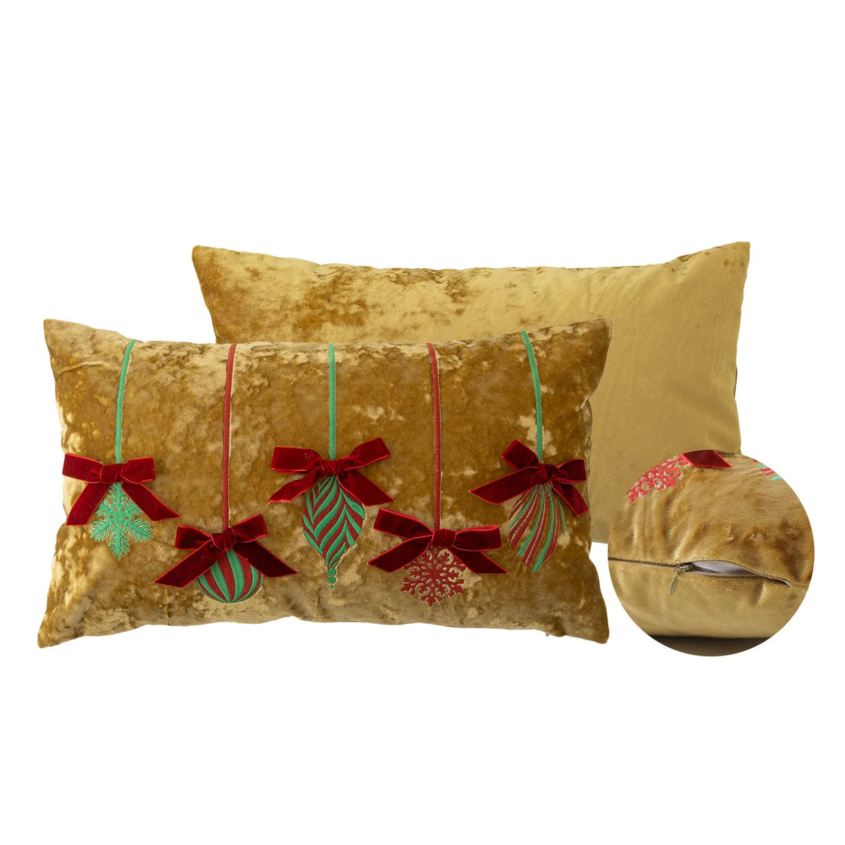 Lumbar Pillow Cover Velvet Embroidered Snowflakes & Bow Detail