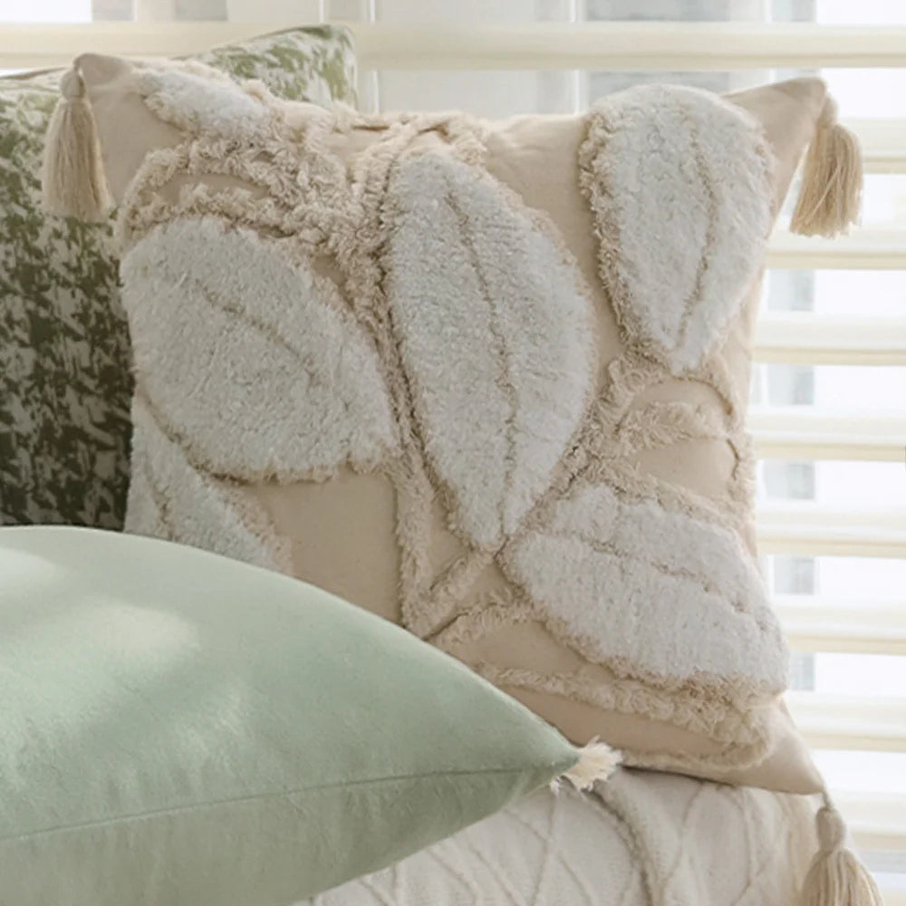 Lumbar Pillow Cover Velvety Microvelour Fringed Edges Concealed Zipper