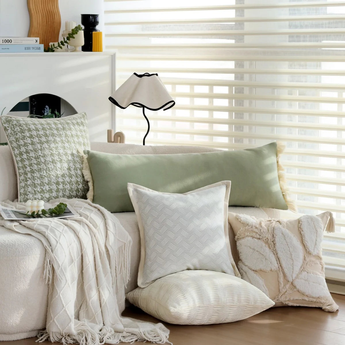 Lumbar Pillow Cover Velvety Microvelour Fringed Edges Concealed Zipper