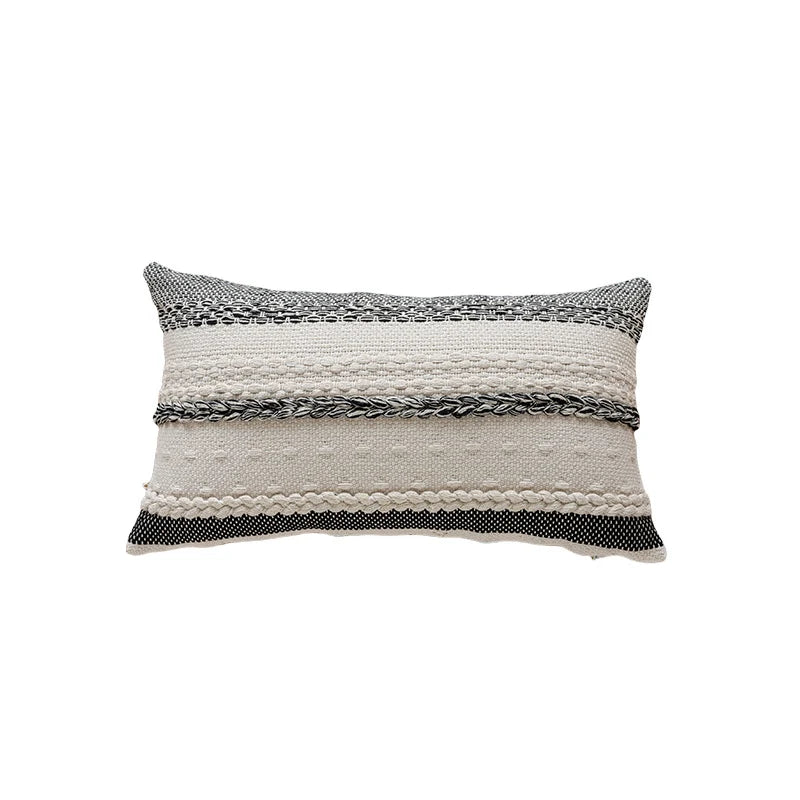 Lumbar Pillow Cover Woven Cotton Braided Trim Hidden Zipper