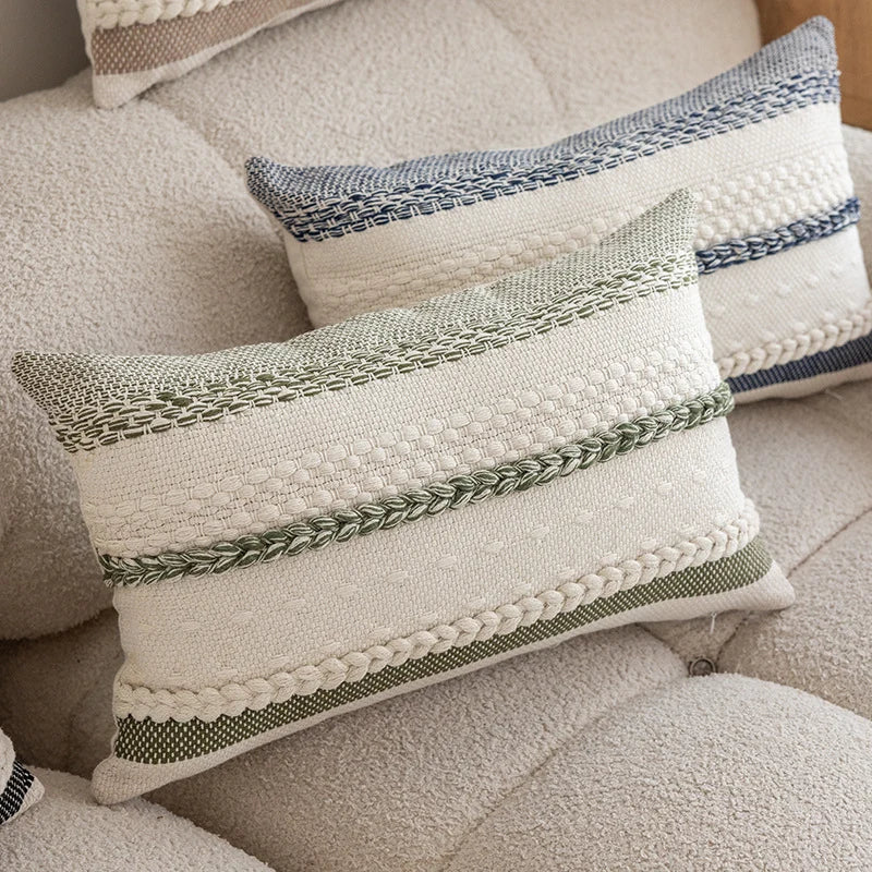 Lumbar Pillow Cover Woven Cotton Braided Trim Hidden Zipper