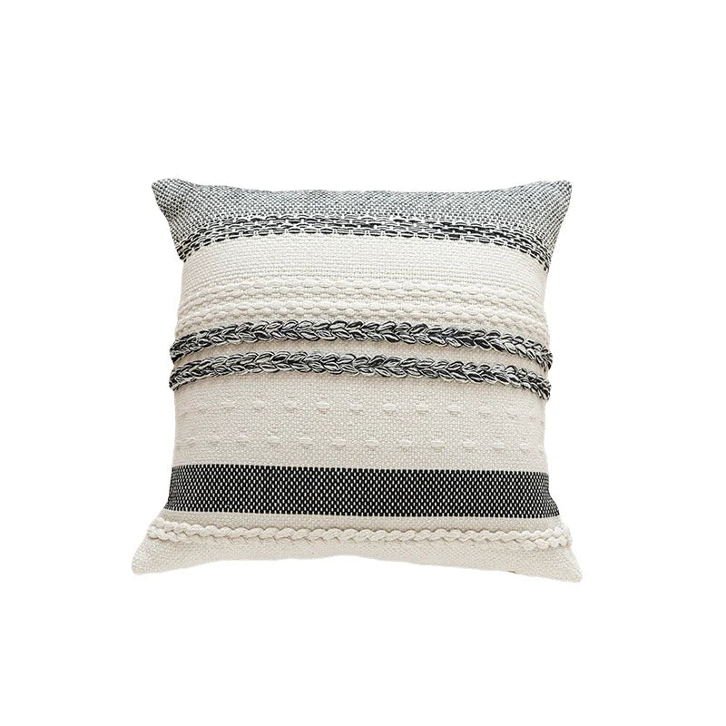 Lumbar Pillow Cover Woven Cotton Tufted & Braided Stripe