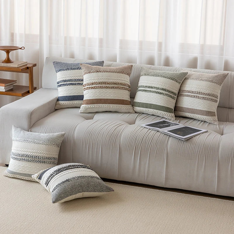Lumbar Pillow Cover Woven Cotton Tufted & Braided Stripe