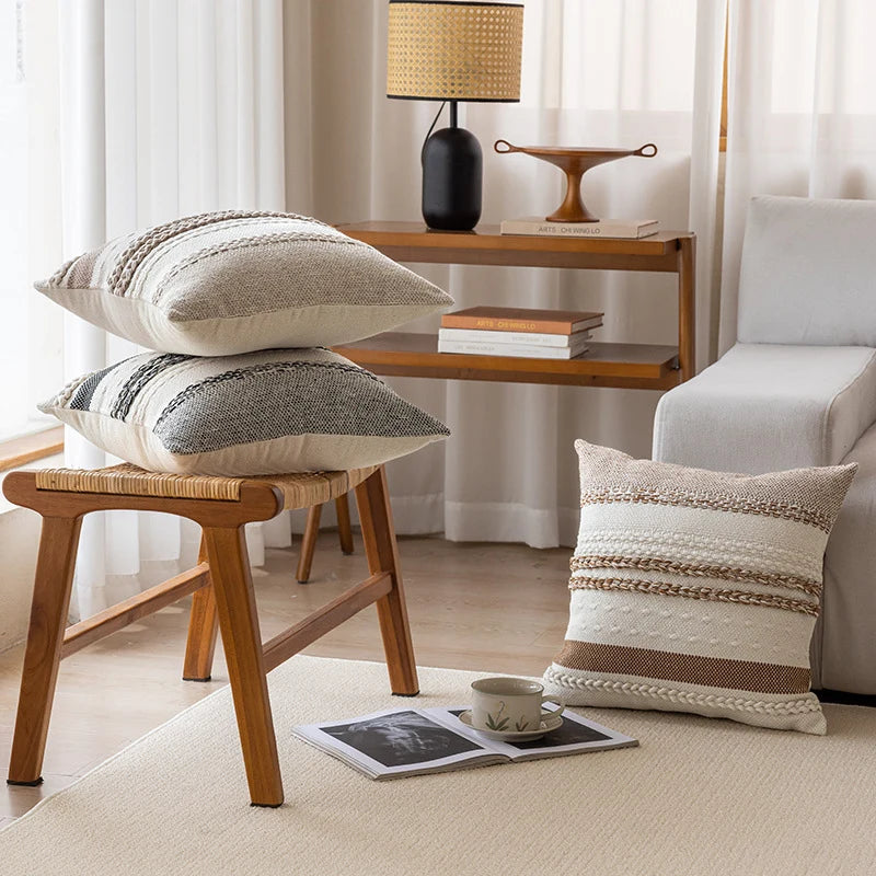 Lumbar Pillow Cover Woven Cotton Tufted & Braided Stripe