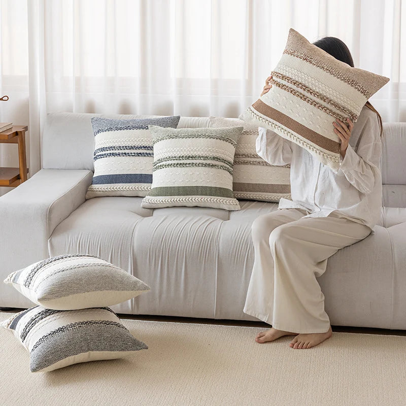 Lumbar Pillow Cover Woven Cotton Tufted & Braided Stripe