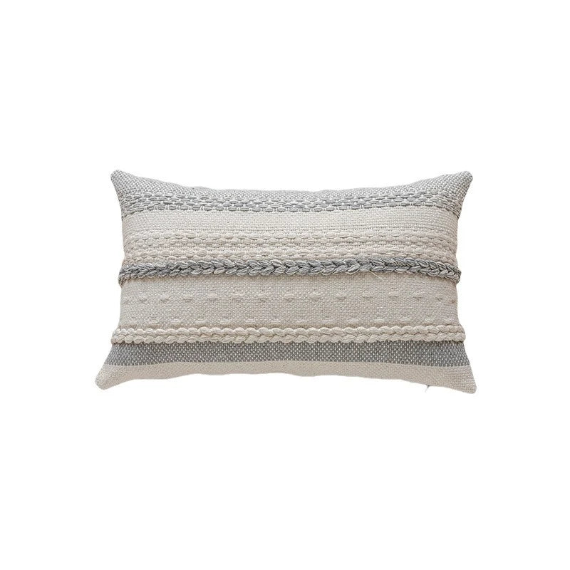 Lumbar Pillow Cover Woven Cotton Tufted & Braided Stripe