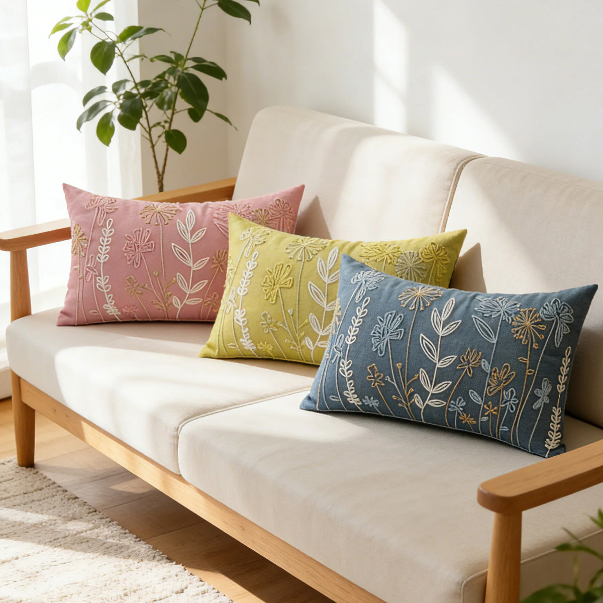 Lumbar Pillow Embroidered Velvet Removable Cover Hypoallergenic Insert