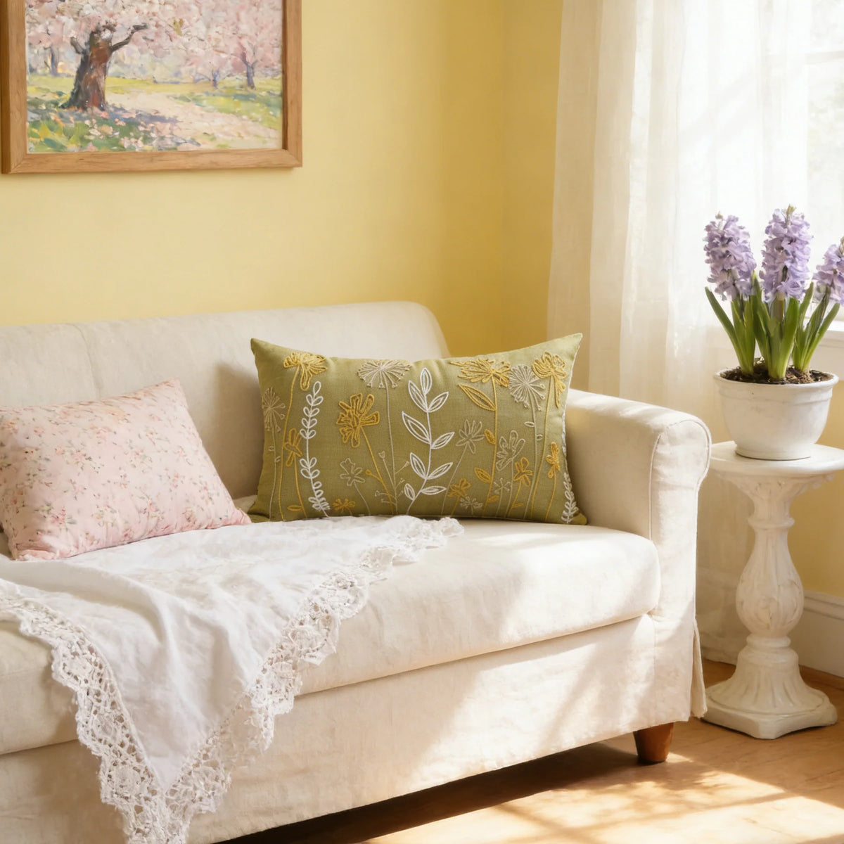 Lumbar Pillow Embroidered Velvet Removable Cover Hypoallergenic Insert