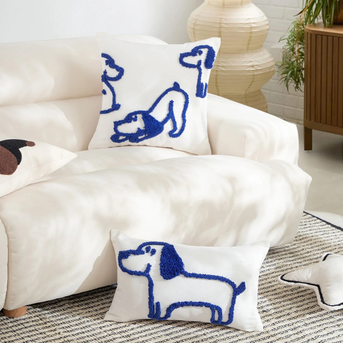 Lumbar Pillow Hand-Tufted Dog Motif Cotton Blend Cover