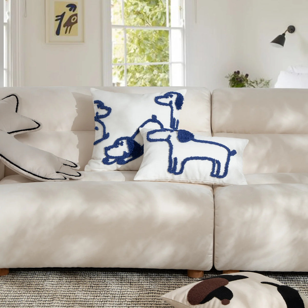 Lumbar Pillow Hand-Tufted Dog Motif Cotton Blend Cover