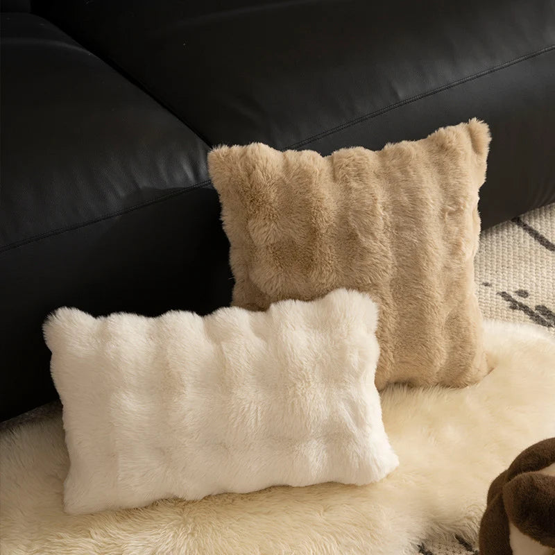 Lumbar Pillow Plush Faux Fur Wavy Quilted 30x50 cm