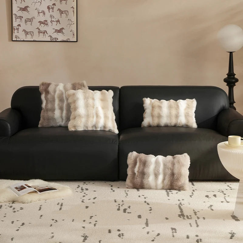 Lumbar Pillow Plush Faux Fur Wavy Quilted 30x50 cm