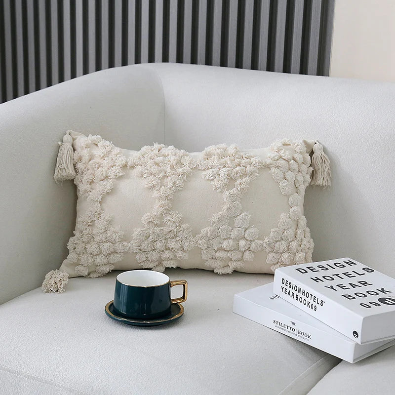 Lumbar Throw Pillow Hand-Tufted Oversized Tassels Removable Cotton Cover