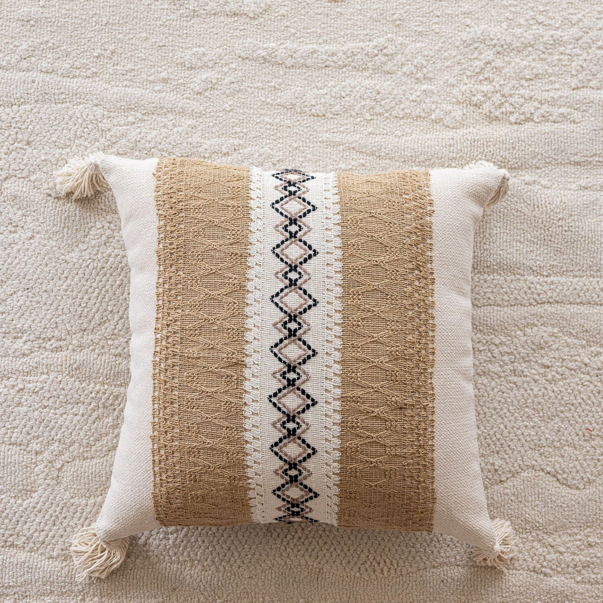 Lumbar Throw Pillow Handwoven Jute Stripe Tassel Corners