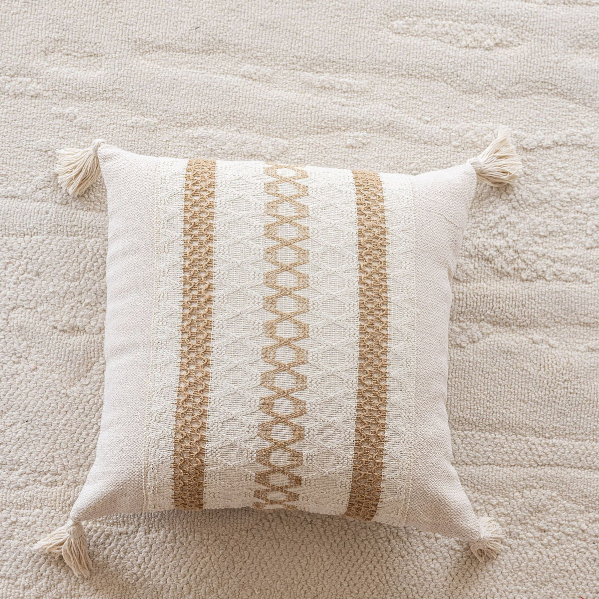 Lumbar Throw Pillow Handwoven Jute Stripe Tassel Corners