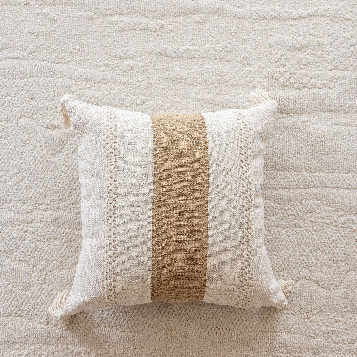 Lumbar Throw Pillow Handwoven Jute Stripe Tassel Corners
