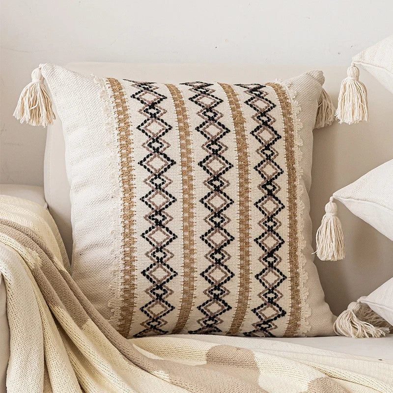Lumbar Throw Pillow Handwoven Jute Stripe Tassel Corners
