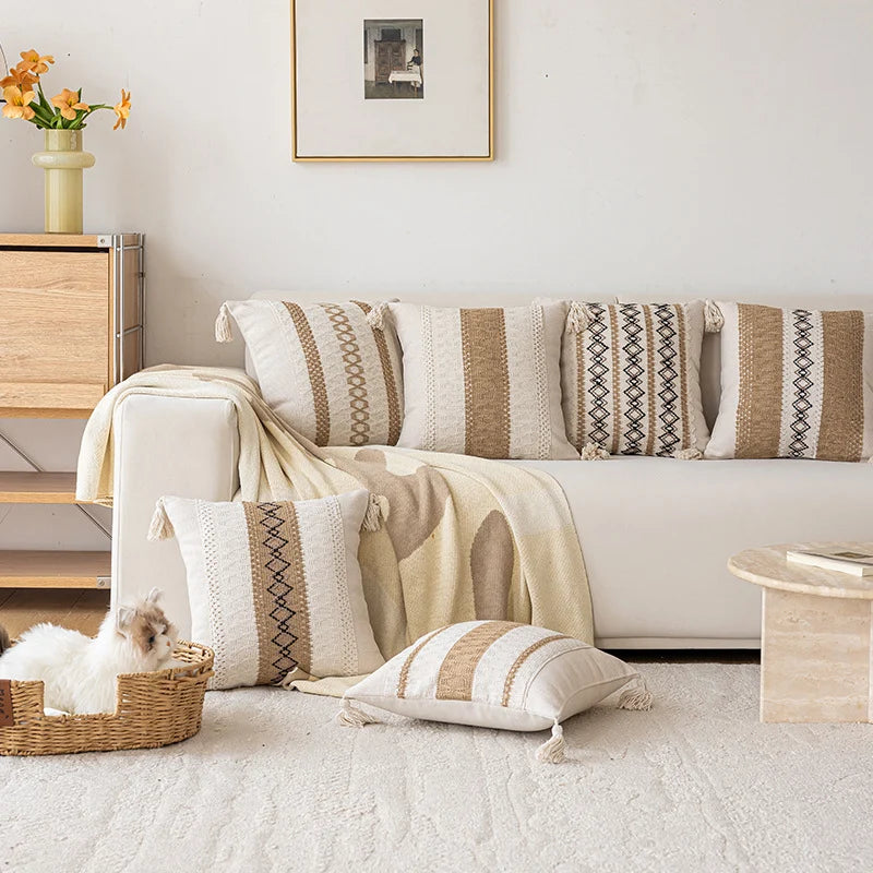 Lumbar Throw Pillow Handwoven Jute Stripe Tassel Corners