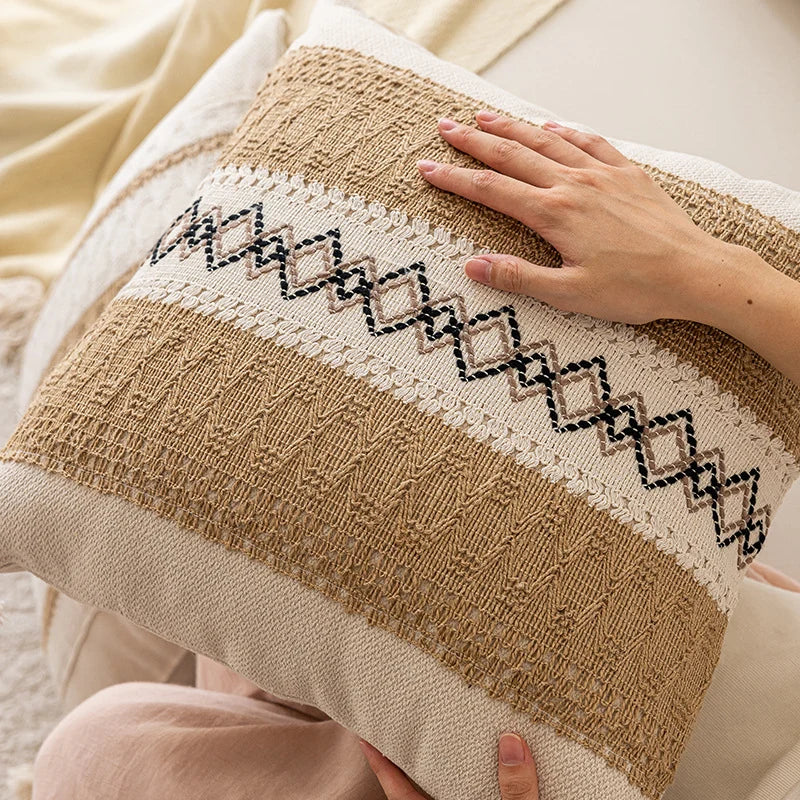 Lumbar Throw Pillow Handwoven Jute Stripe Tassel Corners
