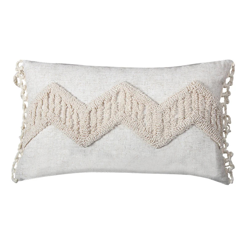 Lumbar Throw Pillow Linen-Blend Tufted Crochet Removable Cover