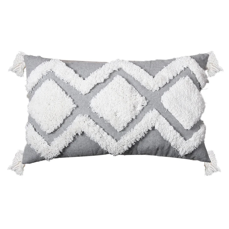 Lumbar Throw Pillow Linen-Blend Tufted Crochet Removable Cover