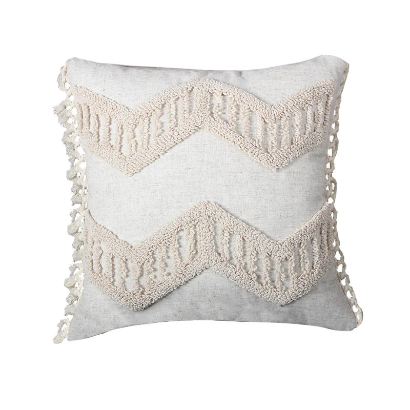 Lumbar Throw Pillow Linen-Blend Tufted Crochet Removable Cover