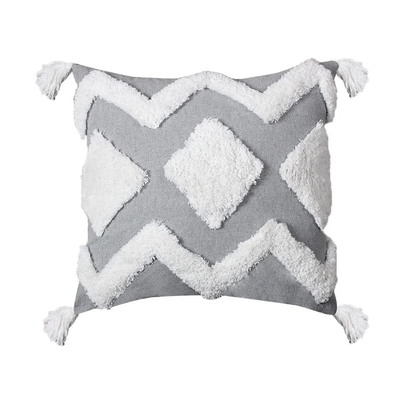 Lumbar Throw Pillow Linen-Blend Tufted Crochet Removable Cover