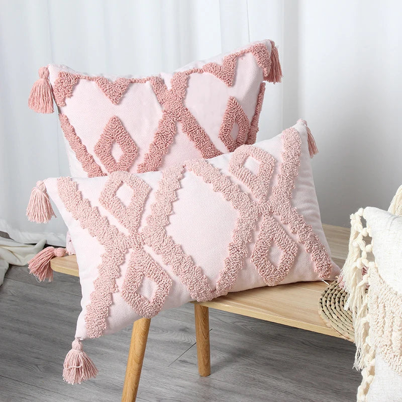 Lumbar Throw Pillow Linen-Blend Tufted Crochet Removable Cover