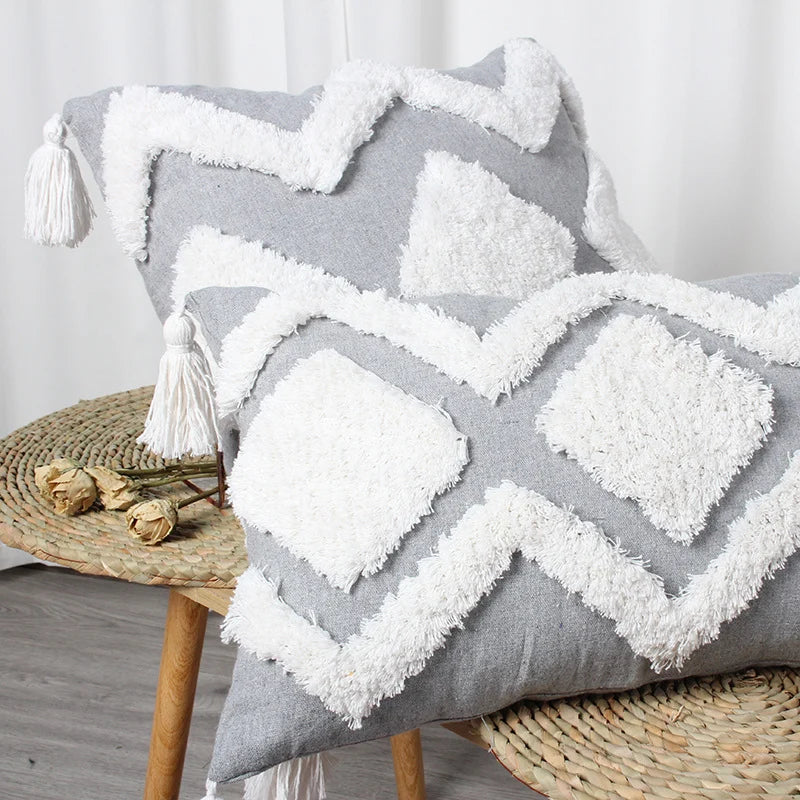 Lumbar Throw Pillow Linen-Blend Tufted Crochet Removable Cover